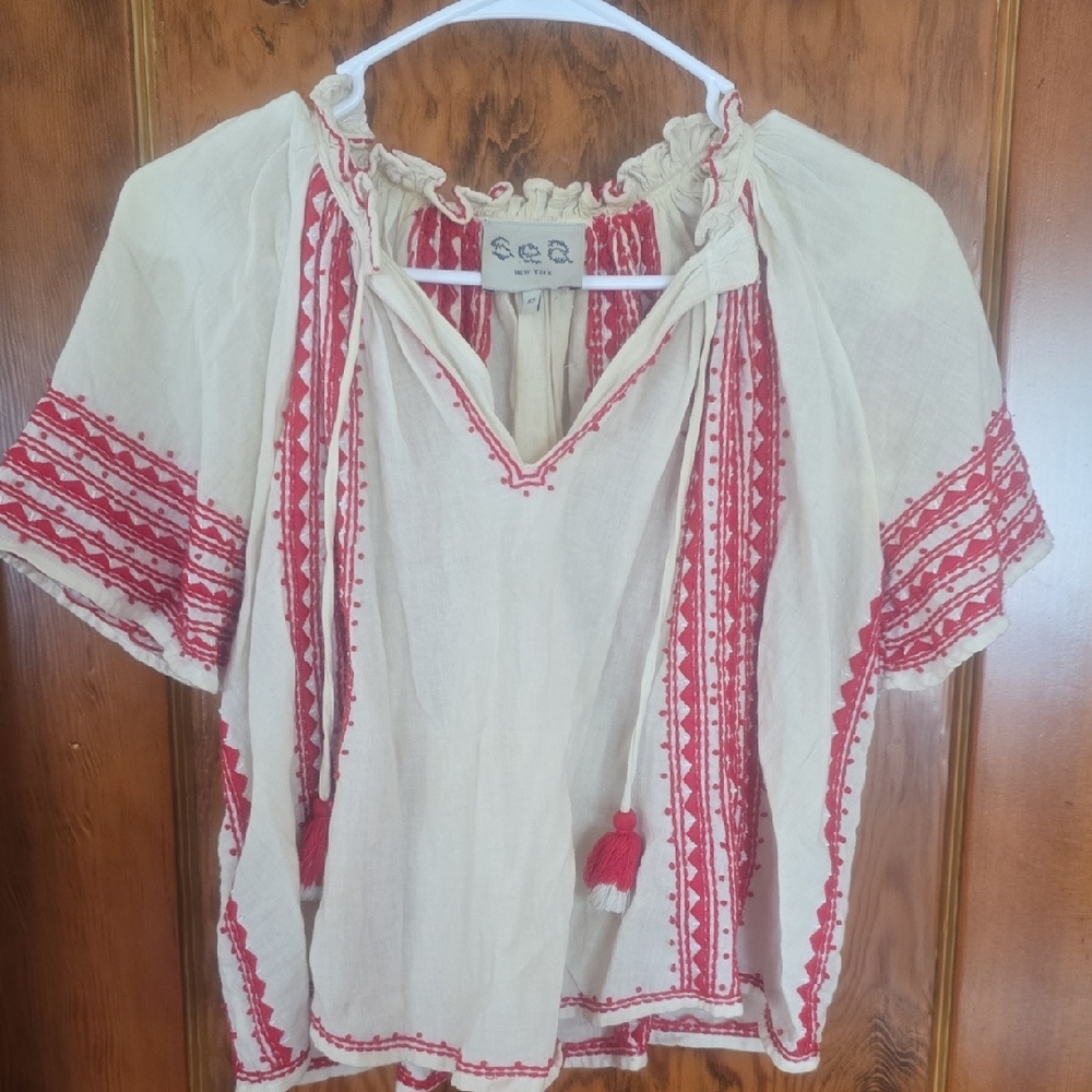 Embroidered Boho Top in Red and Cream